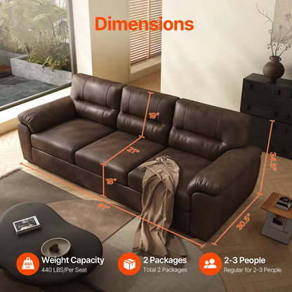 air Leather Couch 82 inch for Living Room Three Seater Comfortable Sofa, Leather Sofa, Modern mid-Century Vintage Brown for Office Meeting Room Apartment