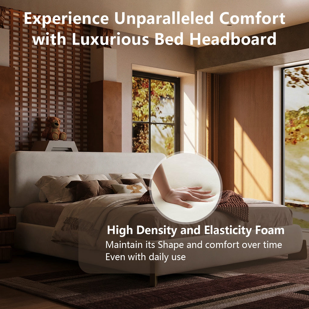 Queen Size Boucle Cloud-Feel Bed Frame, White Upholstered Platform Bed with Soft Headboard, Solid Wood Legs, No Box Spring Required, Easy Assembly