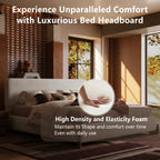 Queen Size Boucle Cloud-Feel Bed Frame, White Upholstered Platform Bed with Soft Headboard, Solid Wood Legs, No Box Spring Required, Easy Assembly