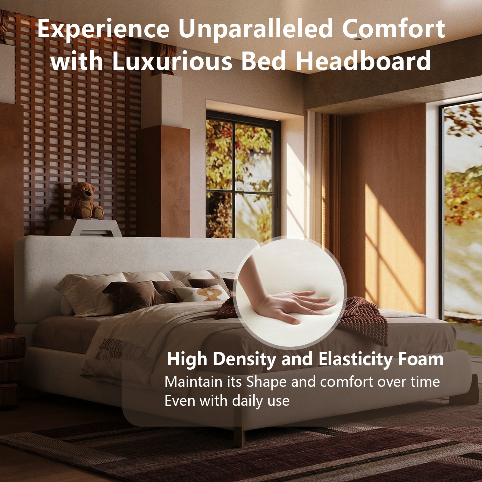 Queen Size Boucle Cloud-Feel Bed Frame, White Upholstered Platform Bed with Soft Headboard, Solid Wood Legs, No Box Spring Required, Easy Assembly