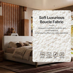 Queen Size Boucle Cloud-Feel Bed Frame, White Upholstered Platform Bed with Soft Headboard, Solid Wood Legs, No Box Spring Required, Easy Assembly