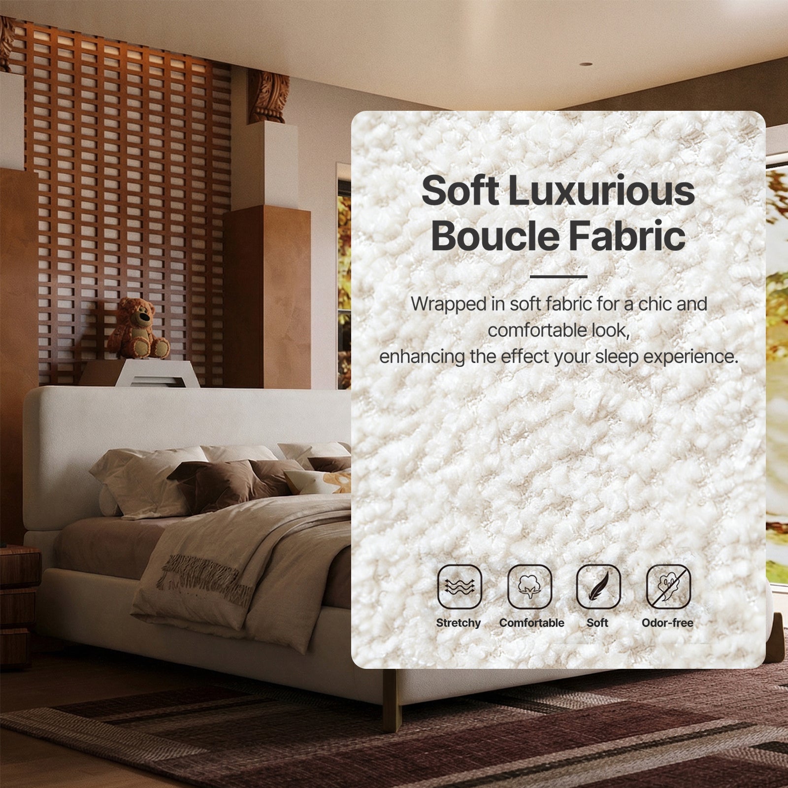Queen Size Boucle Cloud-Feel Bed Frame, White Upholstered Platform Bed with Soft Headboard, Solid Wood Legs, No Box Spring Required, Easy Assembly