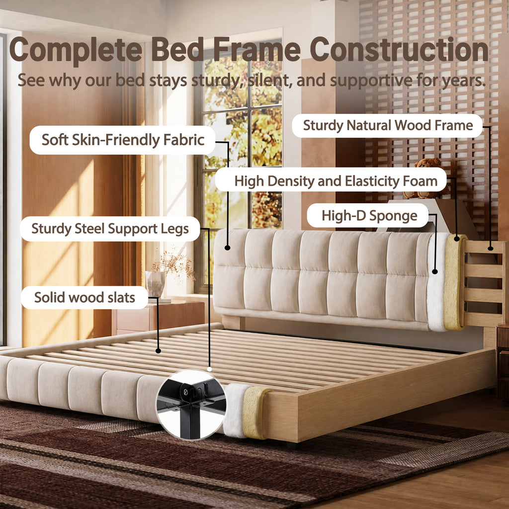 Queen Size Modern Cloud-Feel Bed Frame, 38.5" Tall Cream Upholstered Platform Bed with Thick Soft Headboard & Footboard for Bedroom Apartment