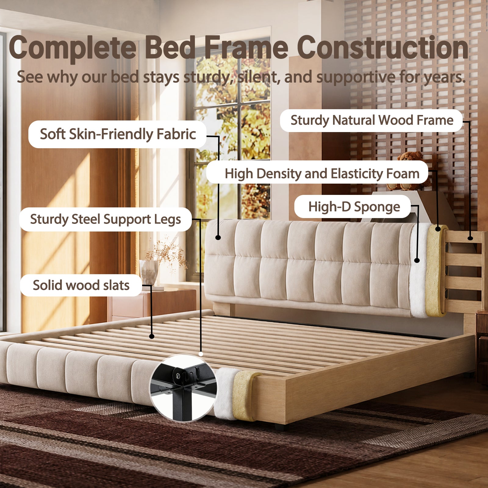 Queen Size Modern Cloud-Feel Bed Frame, 38.5" Tall Cream Upholstered Platform Bed with Thick Soft Headboard & Footboard for Bedroom Apartment