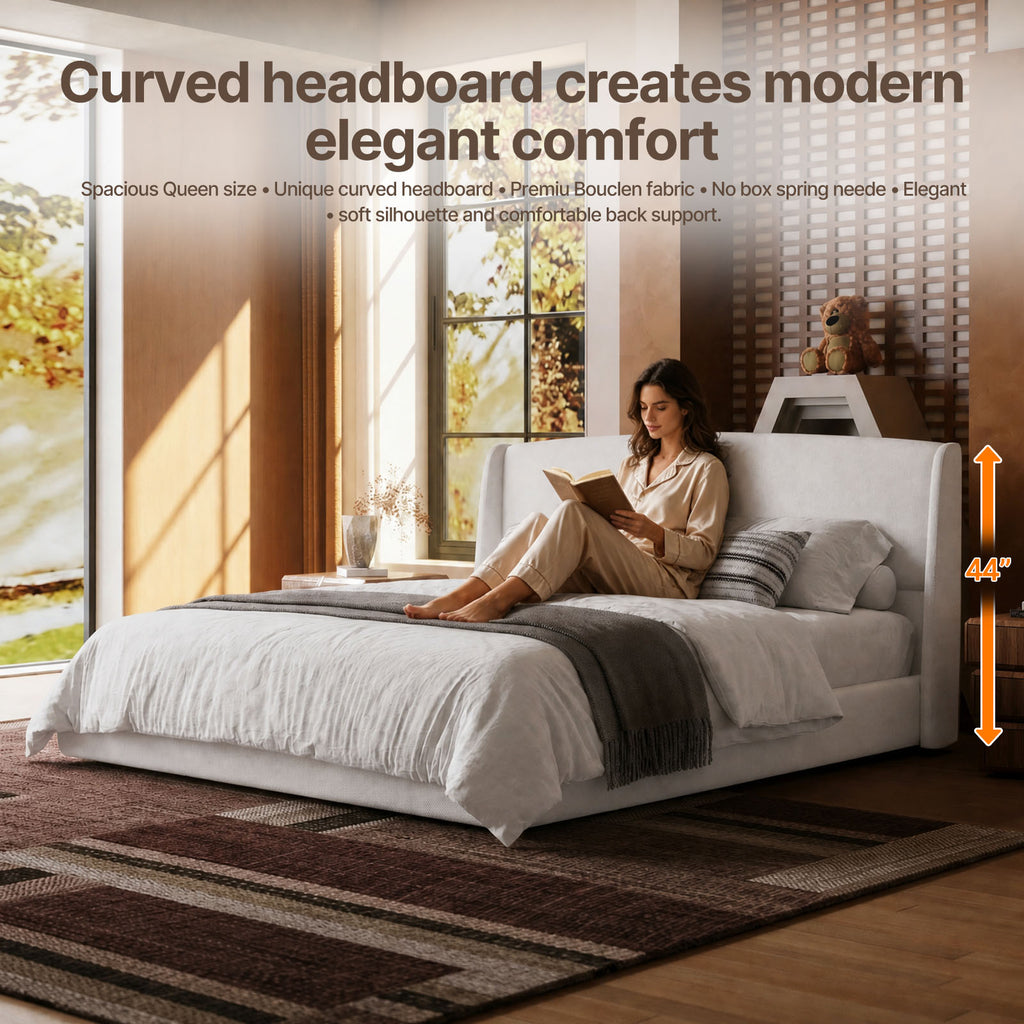 Queen Size Soft Cloud-Feel Bed Frame with Wingback Headboard, Platform Bed with Padded Headboard, No Box Spring Needed, Easy Assembly, Elegant Linen Fabric