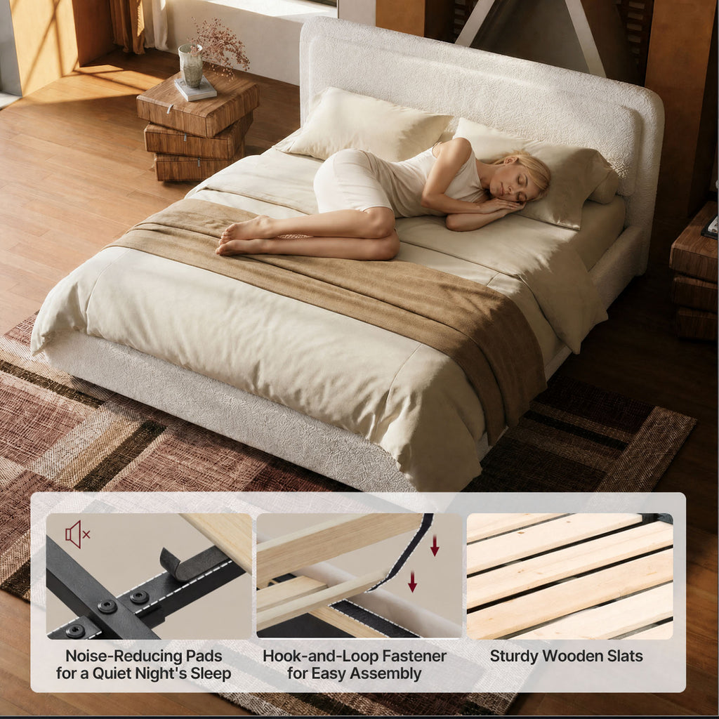 Queen Bed Frame with Adjustable Height Headboard,Upholstered Cloud-Feel Bed, Anti-Collision Soft Rounded Corners, Boucle Platform Bed for Modern Bedrooms, Apartments