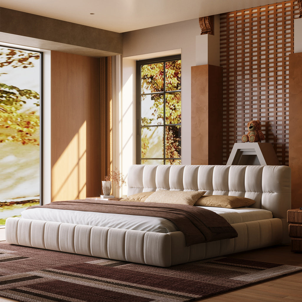 Queen Size Modern Cloud-Feel Bed Frame, 38.5" Tall Cream Upholstered Platform Bed with Thick Soft Headboard & Footboard for Bedroom Apartment