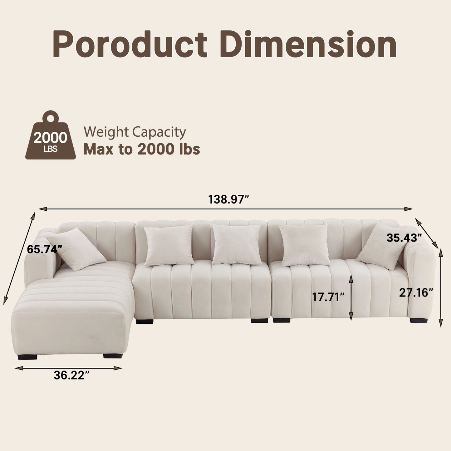 139" Oversized Channel Tufted Velvet Sofa | Left-Facing Chaise Modular Sofa, Beige – Retro Modern Couch for Living Room, Apartment, Lounge