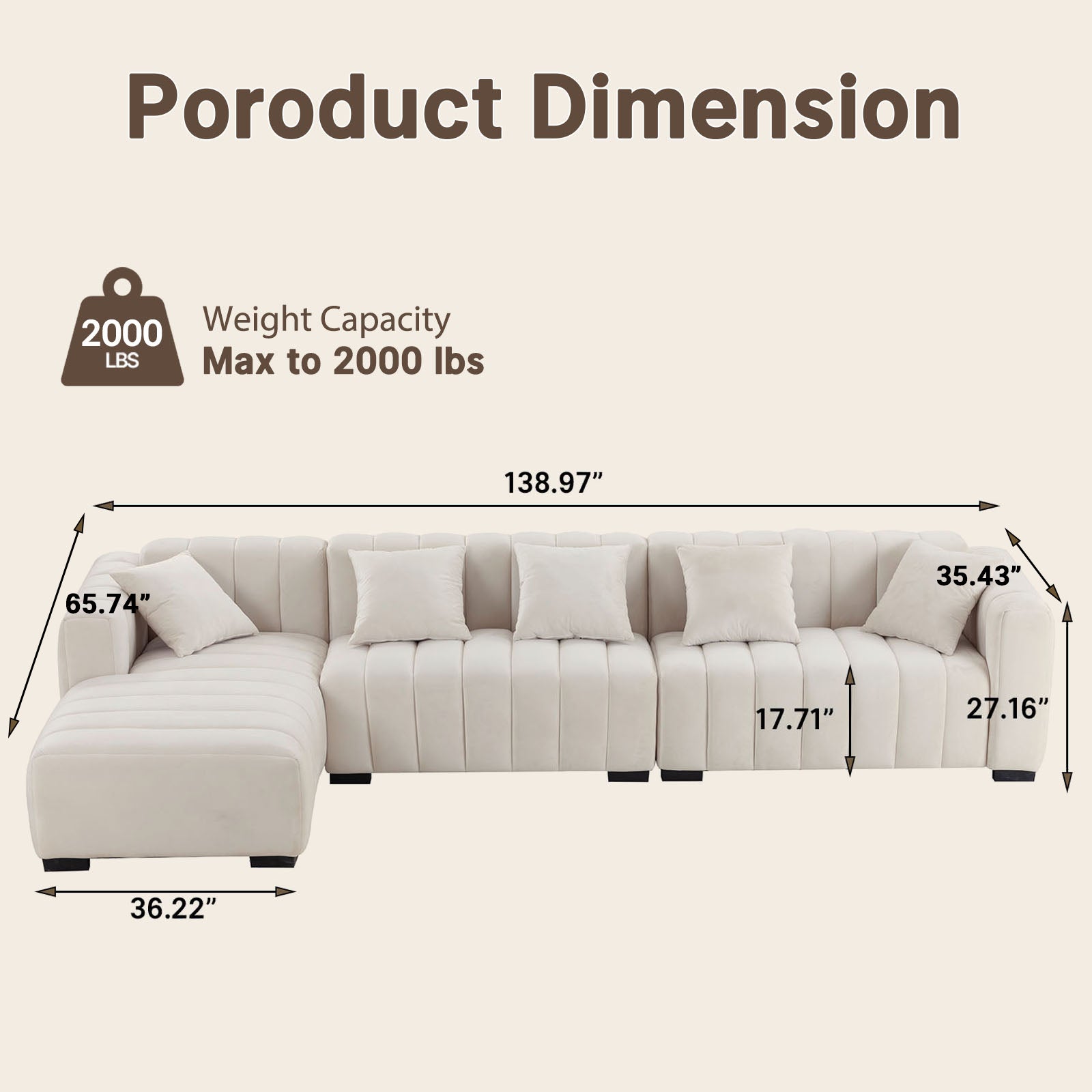 139" Oversized Channel Tufted Velvet Sofa | Left-Facing Chaise Modular Sofa, Beige – Retro Modern Couch for Living Room, Apartment, Lounge
