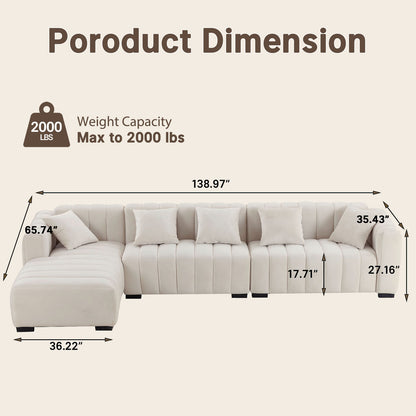 139" Oversized Channel Tufted Velvet Sofa | Left-Facing Chaise Modular Sofa, Beige – Retro Modern Couch for Living Room, Apartment, Lounge