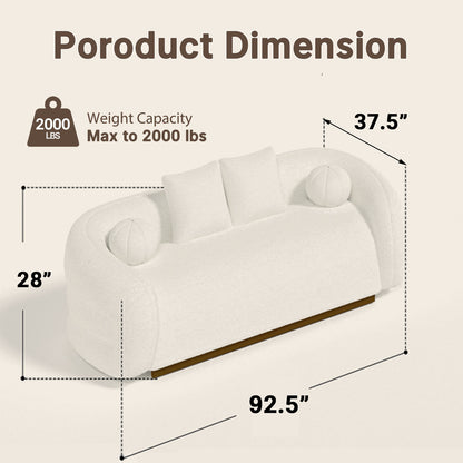 92.5-inch three-seater sofa with cushions, fabric rings, wooden frame, comfortable sofa bed for living room or bedroom, white, with a load capacity of 2000 pounds.