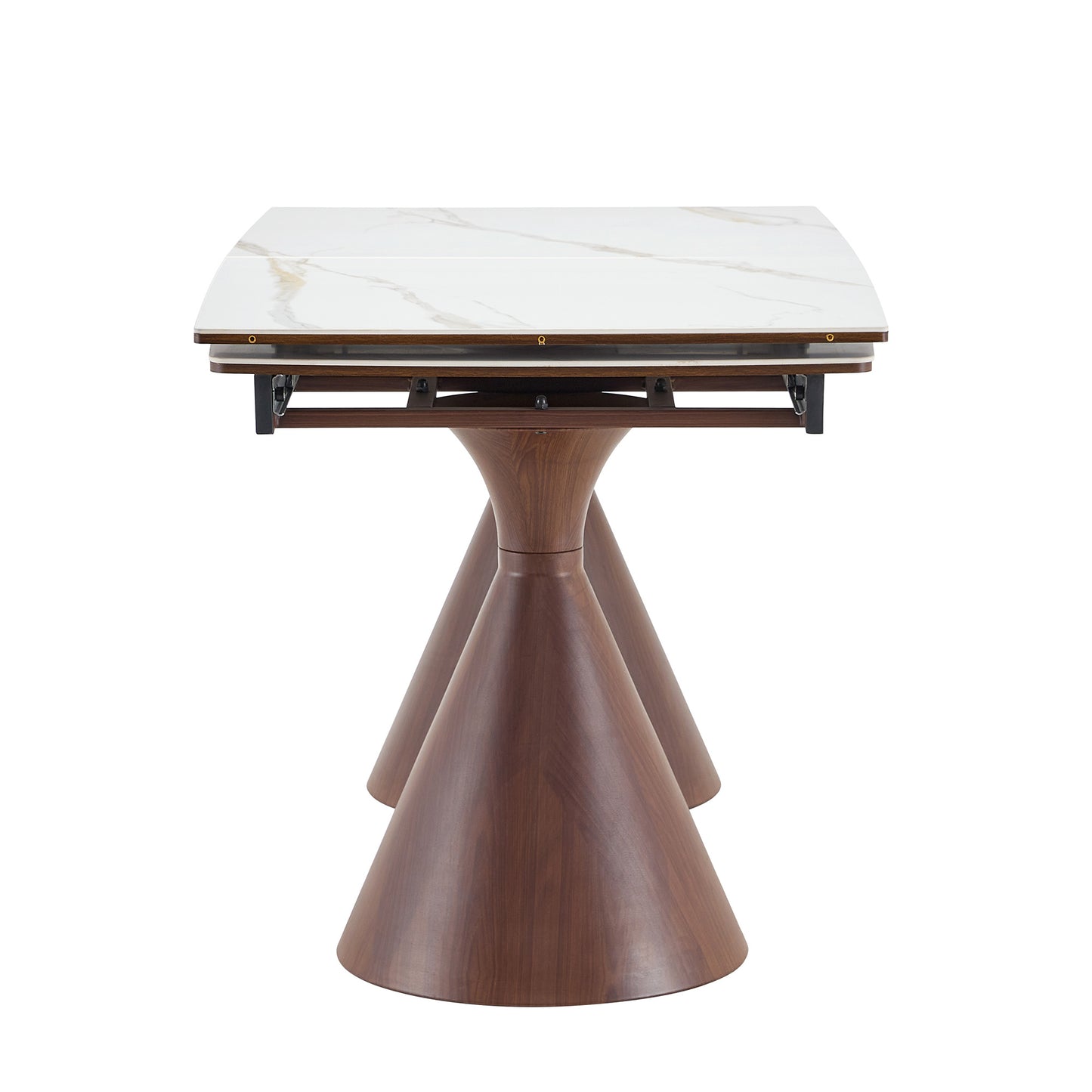 Extendable Stone-Top Dining Table: White marble-patterned tabletop with tapered metal legs