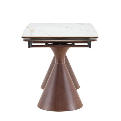 Extendable Stone-Top Dining Table: White marble-patterned tabletop with tapered metal legs