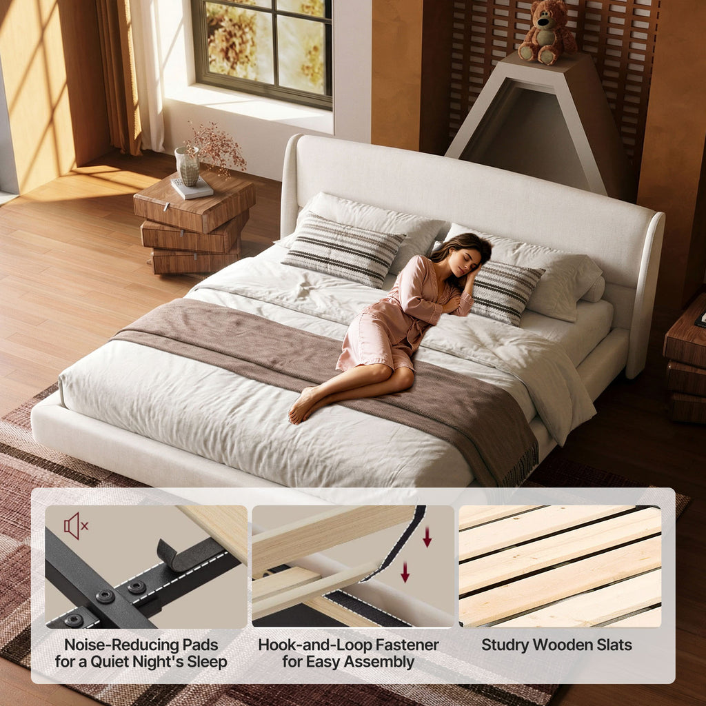 Queen Size Soft Cloud-Feel Bed Frame with Wingback Headboard, Platform Bed with Padded Headboard, No Box Spring Needed, Easy Assembly, Elegant Linen Fabric