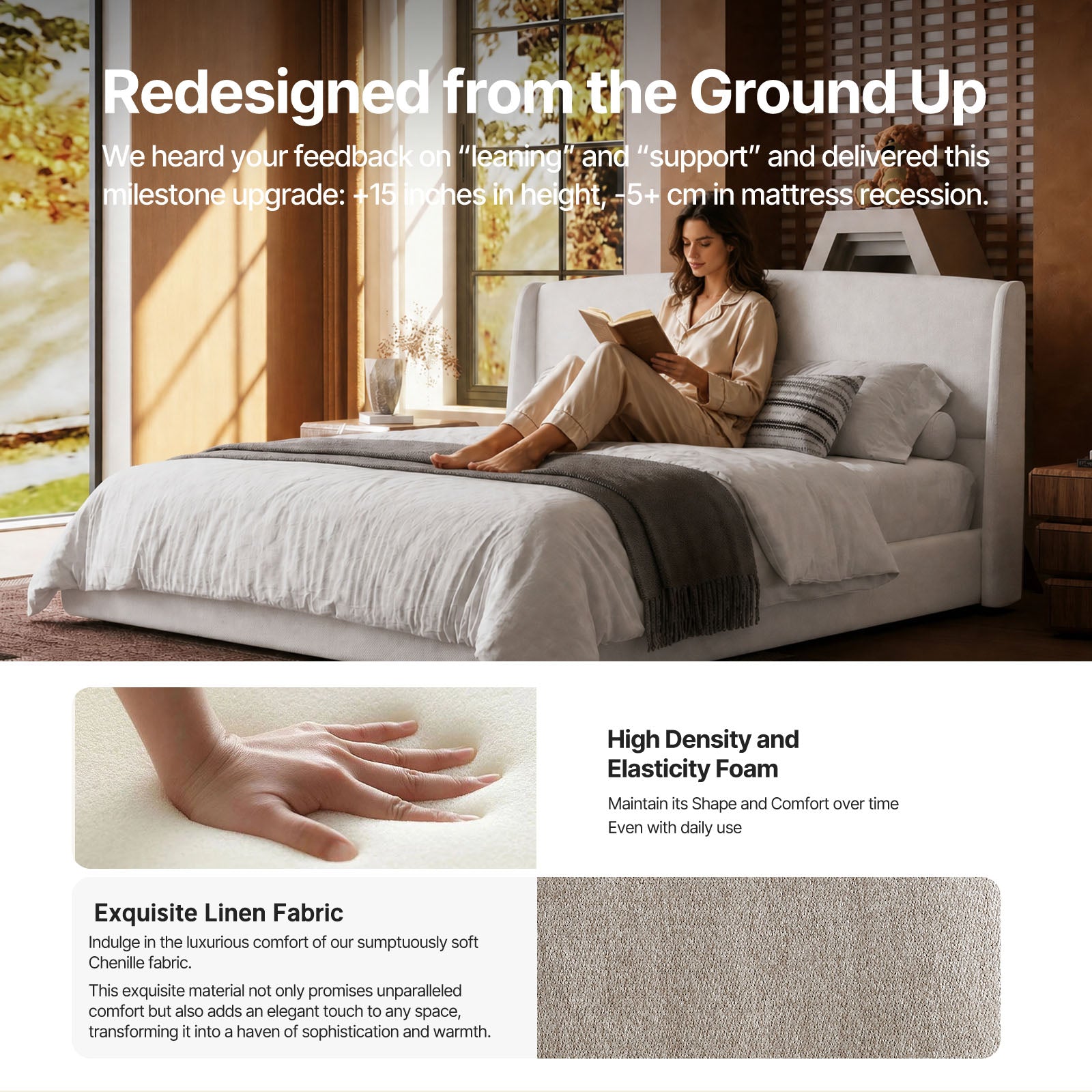 Queen Size Soft Cloud-Feel Bed Frame with Wingback Headboard, Platform Bed with Padded Headboard, No Box Spring Needed, Easy Assembly, Elegant Linen Fabric