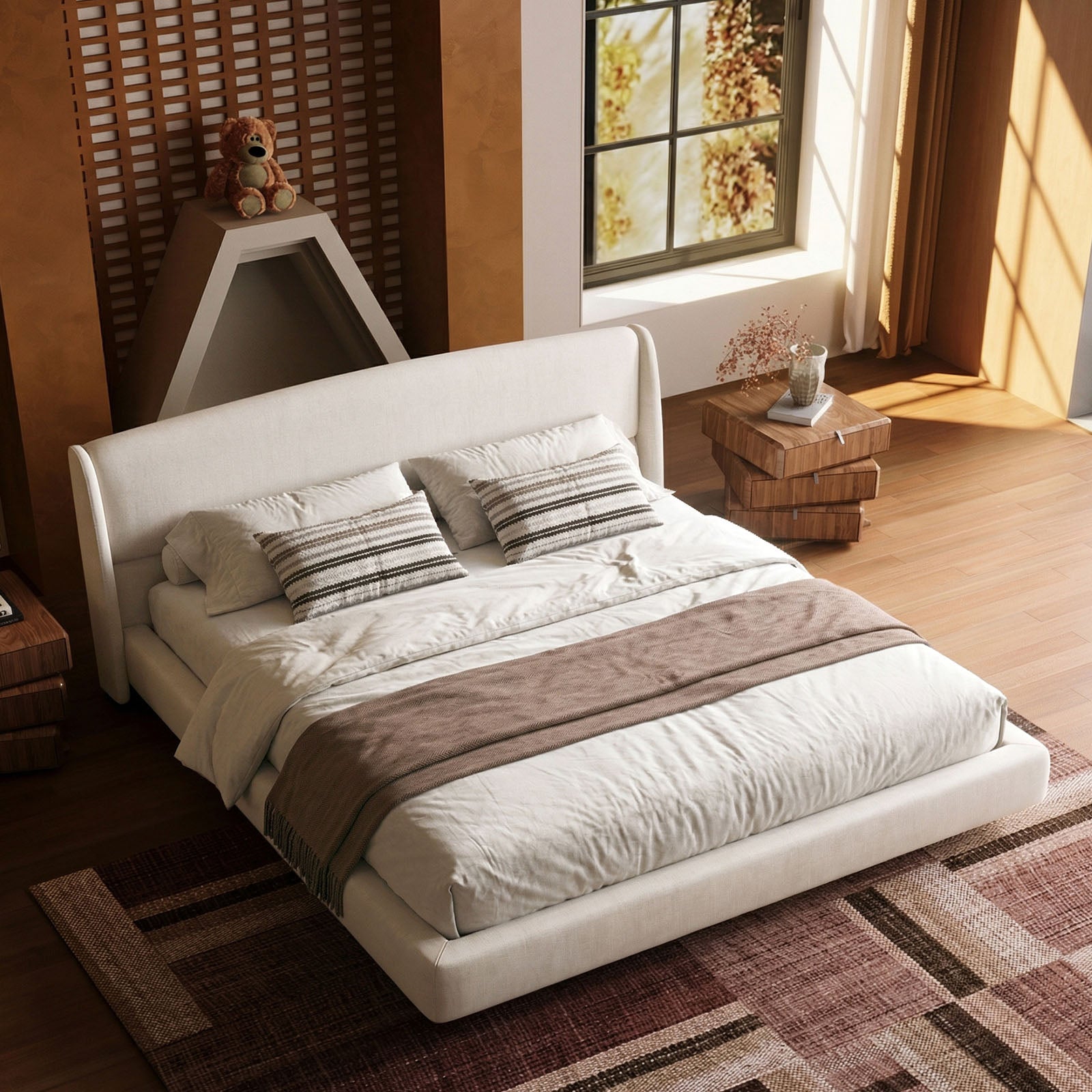 Queen Size Soft Cloud-Feel Bed Frame with Wingback Headboard, Platform Bed with Padded Headboard, No Box Spring Needed, Easy Assembly, Elegant Linen Fabric
