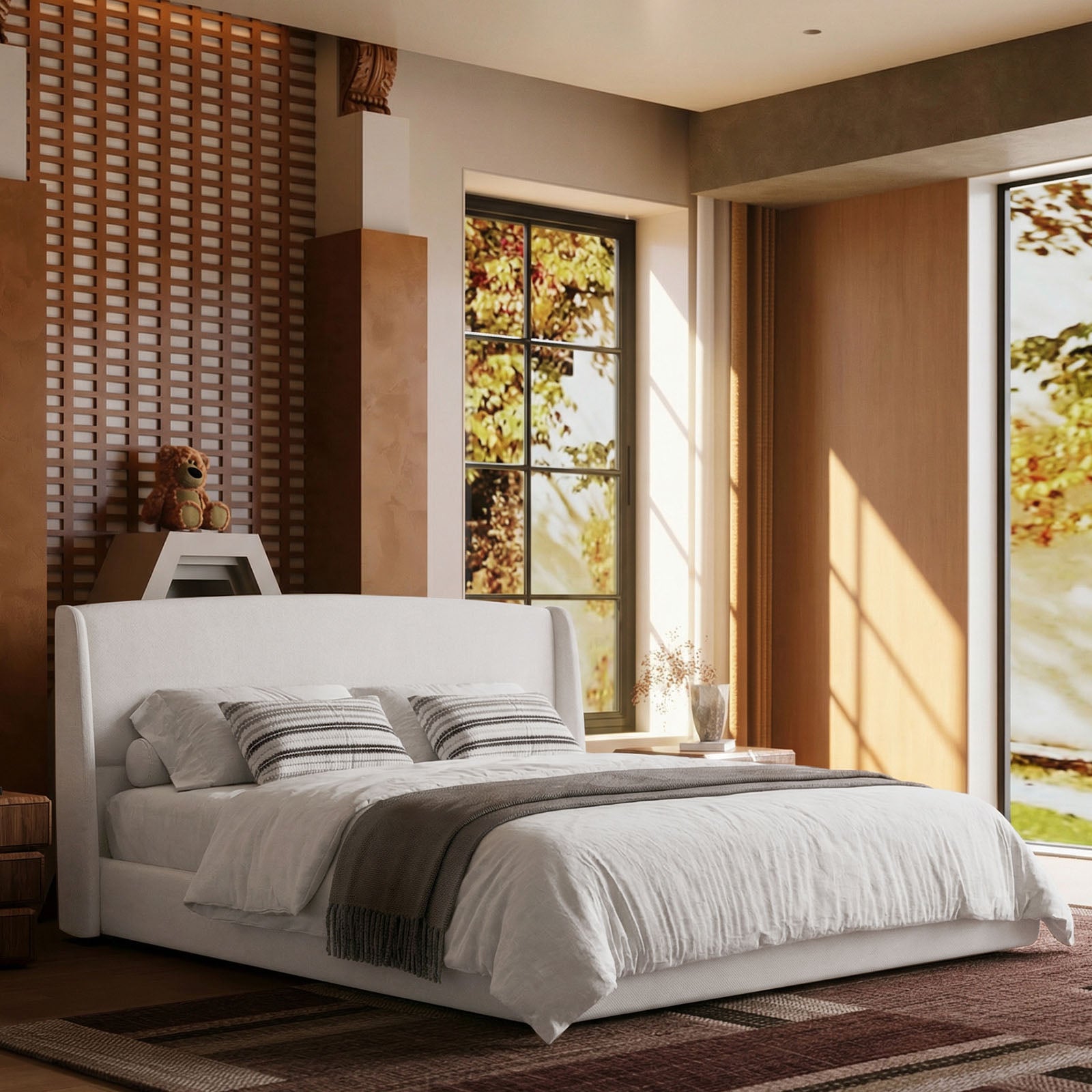 Queen Size Soft Cloud-Feel Bed Frame with Wingback Headboard, Platform Bed with Padded Headboard, No Box Spring Needed, Easy Assembly, Elegant Linen Fabric