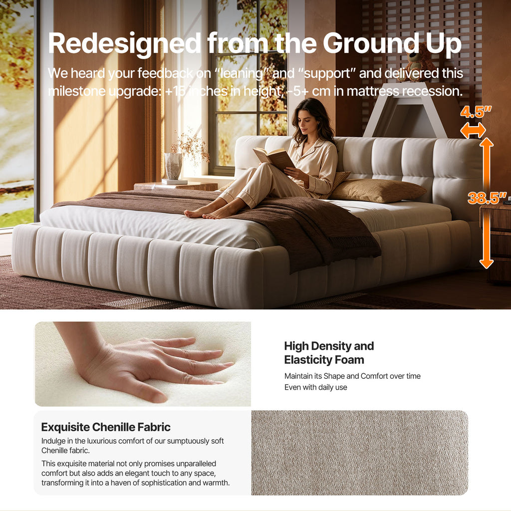 Queen Size Modern Cloud-Feel Bed Frame, 38.5" Tall Cream Upholstered Platform Bed with Thick Soft Headboard & Footboard for Bedroom Apartment