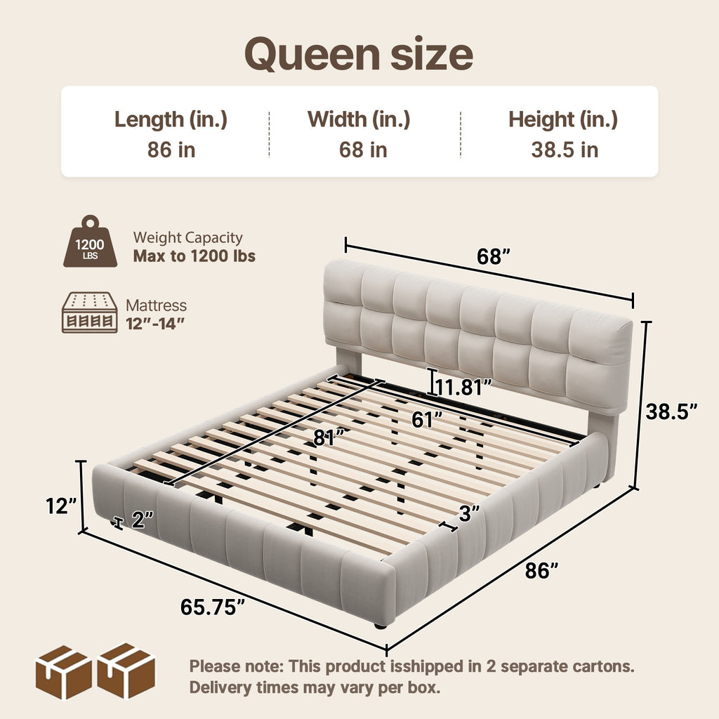 Queen Size Modern Cloud-Feel Bed Frame, 38.5" Tall Cream Upholstered Platform Bed with Thick Soft Headboard & Footboard for Bedroom Apartment
