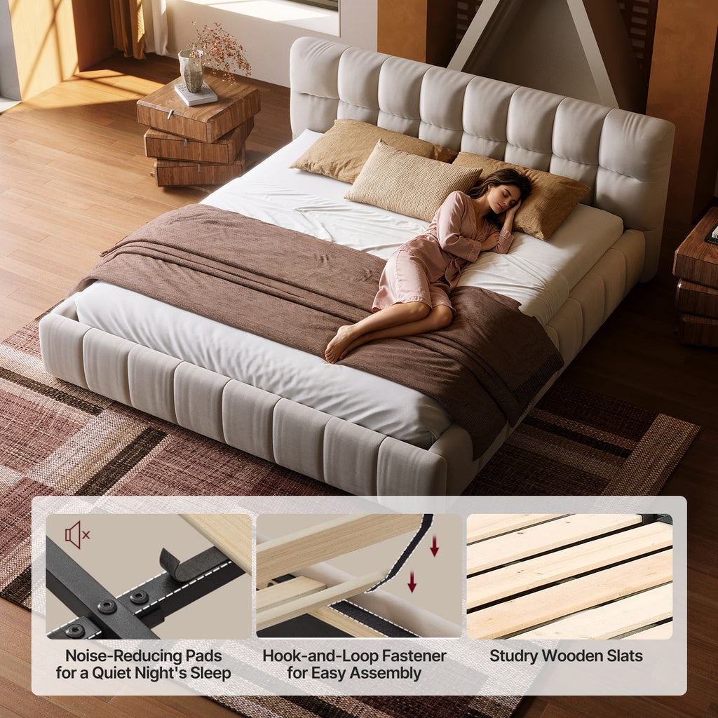 Queen Size Modern Cloud-Feel Bed Frame, 38.5" Tall Cream Upholstered Platform Bed with Thick Soft Headboard & Footboard for Bedroom Apartment
