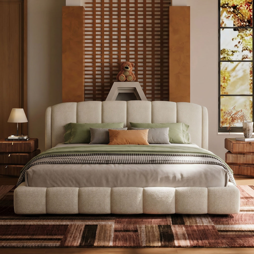 Cloud-Feel Queen Upholstered Platform Bed, Soft Boucle Fabric, Marshmallow Comfort, Headboard & Footboard, Wood Slat Support, Noise-Free, No Box Spring Required, Beige