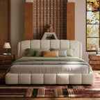 Cloud-Feel Queen Upholstered Platform Bed, Soft Boucle Fabric, Marshmallow Comfort, Headboard & Footboard, Wood Slat Support, Noise-Free, No Box Spring Required, Beige