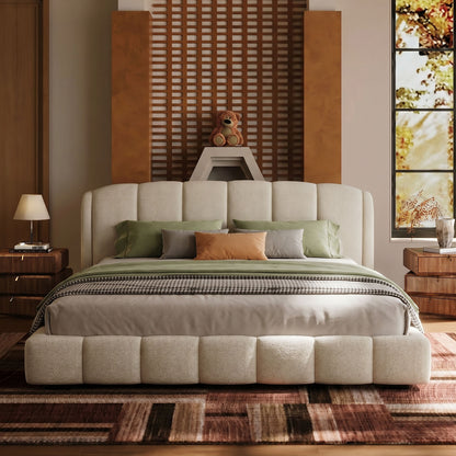 Cloud-Feel Queen Upholstered Bed Frame, Soft Boucle Fabric, Wood Slat Support