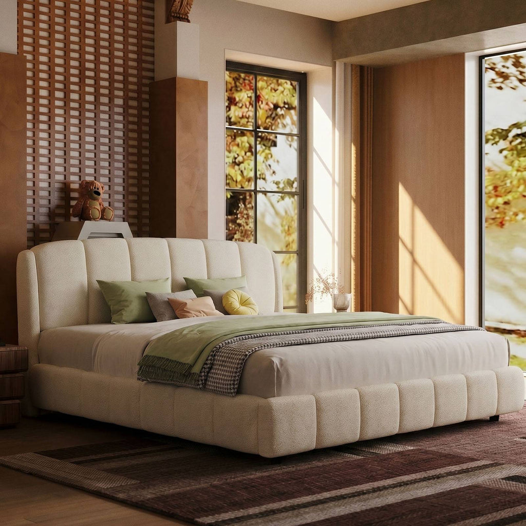 Cloud-Feel Queen Upholstered Platform Bed, Soft Boucle Fabric, Marshmallow Comfort, Headboard & Footboard, Wood Slat Support, Noise-Free, No Box Spring Required, Beige