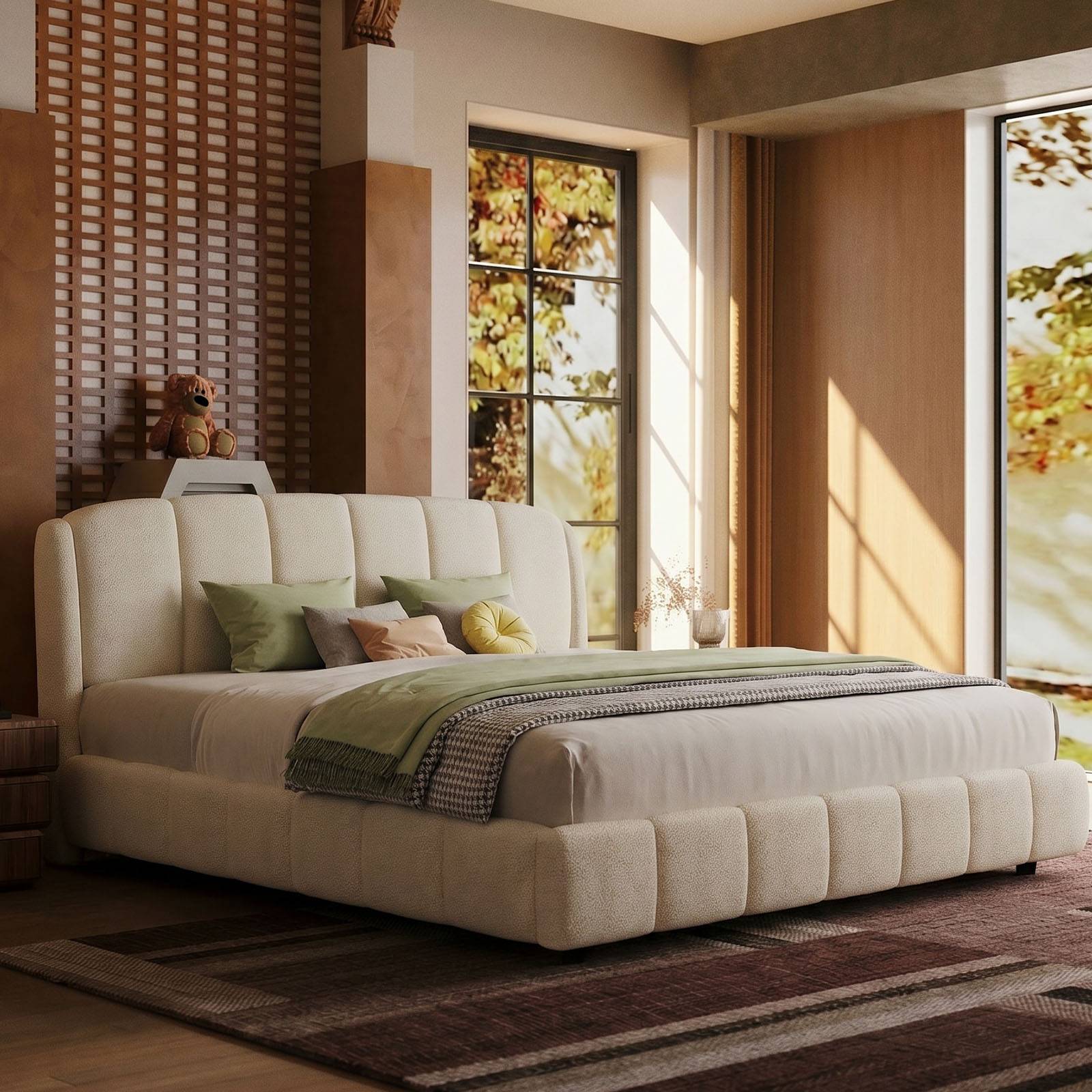 Cloud-Feel Queen Upholstered Platform Bed, Soft Boucle Fabric, Marshmallow Comfort, Headboard & Footboard, Wood Slat Support, Noise-Free, No Box Spring Required, Beige