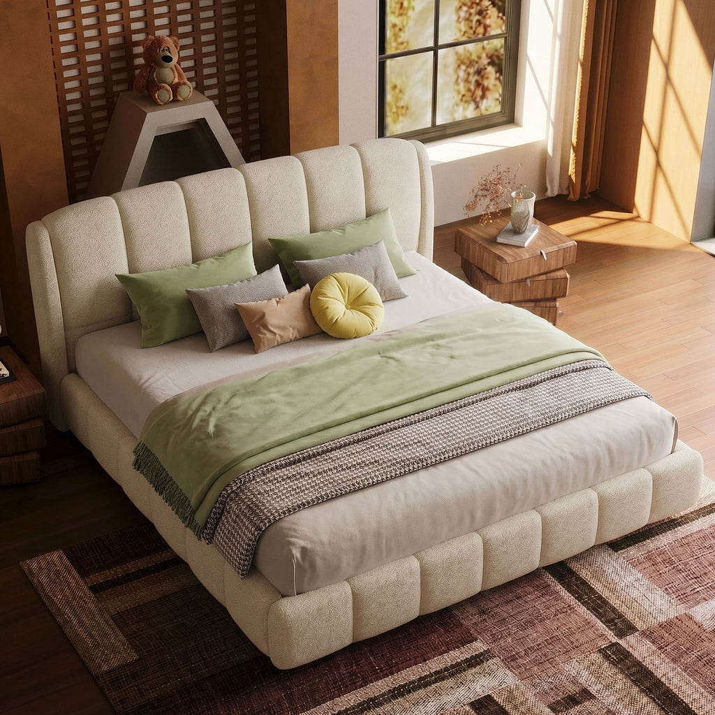 Cloud-Feel Queen Upholstered Platform Bed, Soft Boucle Fabric, Marshmallow Comfort, Headboard & Footboard, Wood Slat Support, Noise-Free, No Box Spring Required, Beige