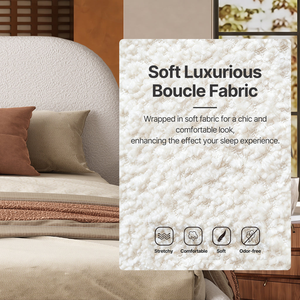 Cloud-Feel Queen Size Boucle Bed Frame, Upholstered Platform Bed with Curved Headboard & Solid Wood Frame, Luxurious & Easy Assembly
