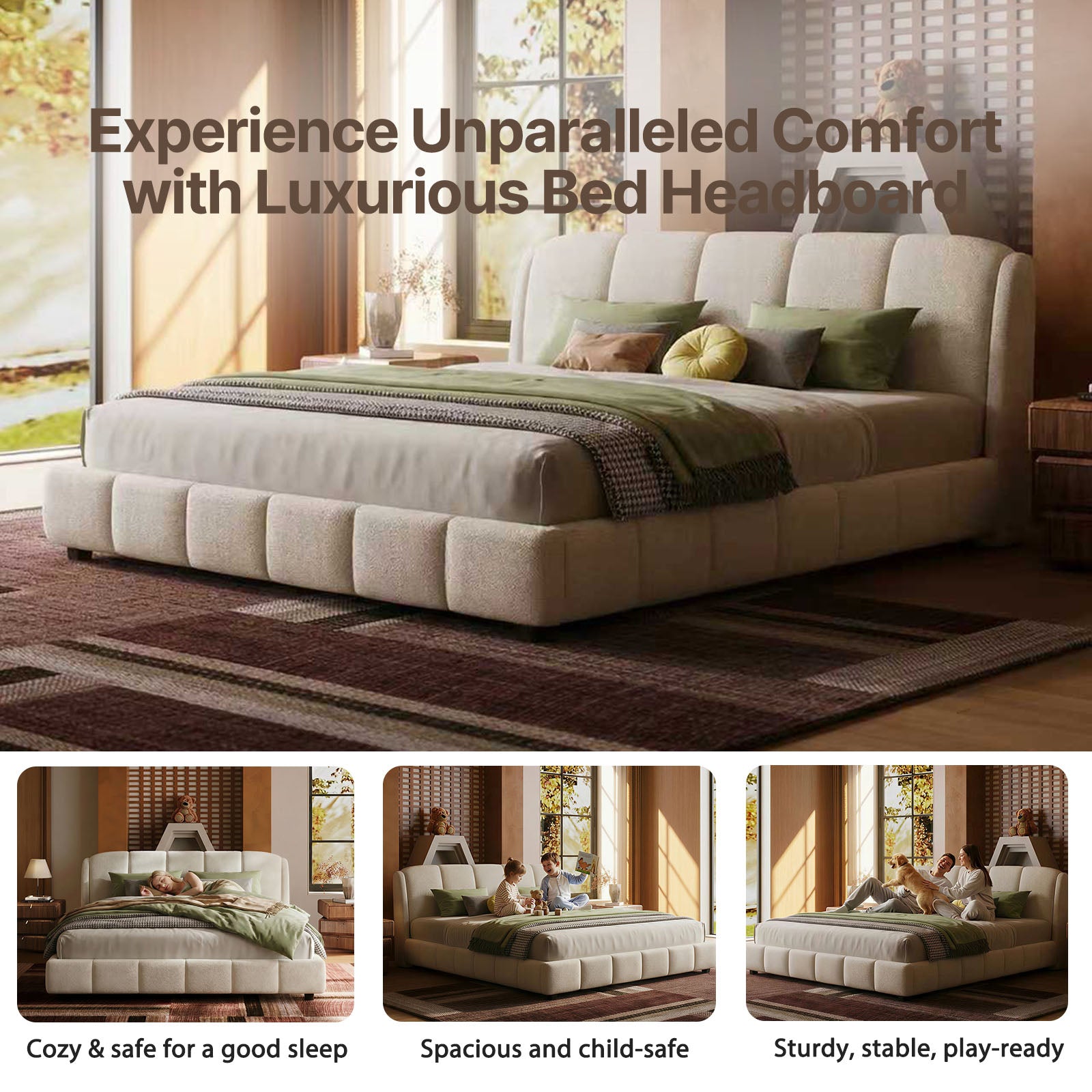 Cloud-Feel Queen Upholstered Platform Bed, Soft Boucle Fabric, Marshmallow Comfort, Headboard & Footboard, Wood Slat Support, Noise-Free, No Box Spring Required, Beige