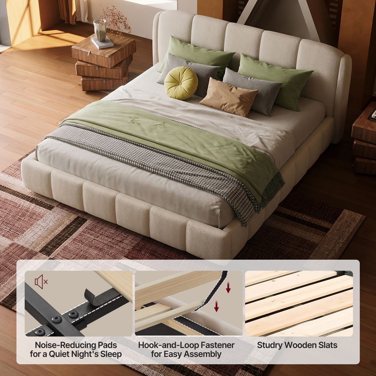 Cloud-Feel Queen Upholstered Platform Bed, Soft Boucle Fabric, Marshmallow Comfort, Headboard & Footboard, Wood Slat Support, Noise-Free, No Box Spring Required, Beige