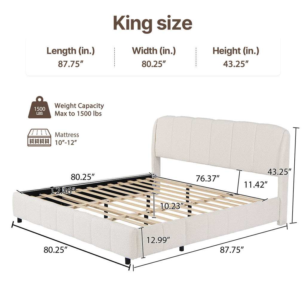Cloud-Feel Queen Upholstered Platform Bed, Soft Boucle Fabric, Marshmallow Comfort, Headboard & Footboard, Wood Slat Support, Noise-Free, No Box Spring Required, Beige