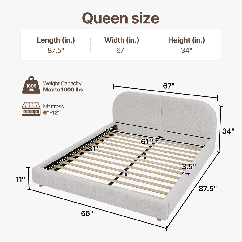 Cloud-Feel Queen Size Boucle Bed Frame, Upholstered Platform Bed with Curved Headboard & Solid Wood Frame, Luxurious & Easy Assembly