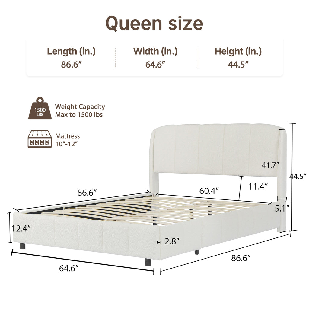 Cloud-Feel Queen Upholstered Platform Bed, Soft Boucle Fabric, Marshmallow Comfort, Headboard & Footboard, Wood Slat Support, Noise-Free, No Box Spring Required, Beige
