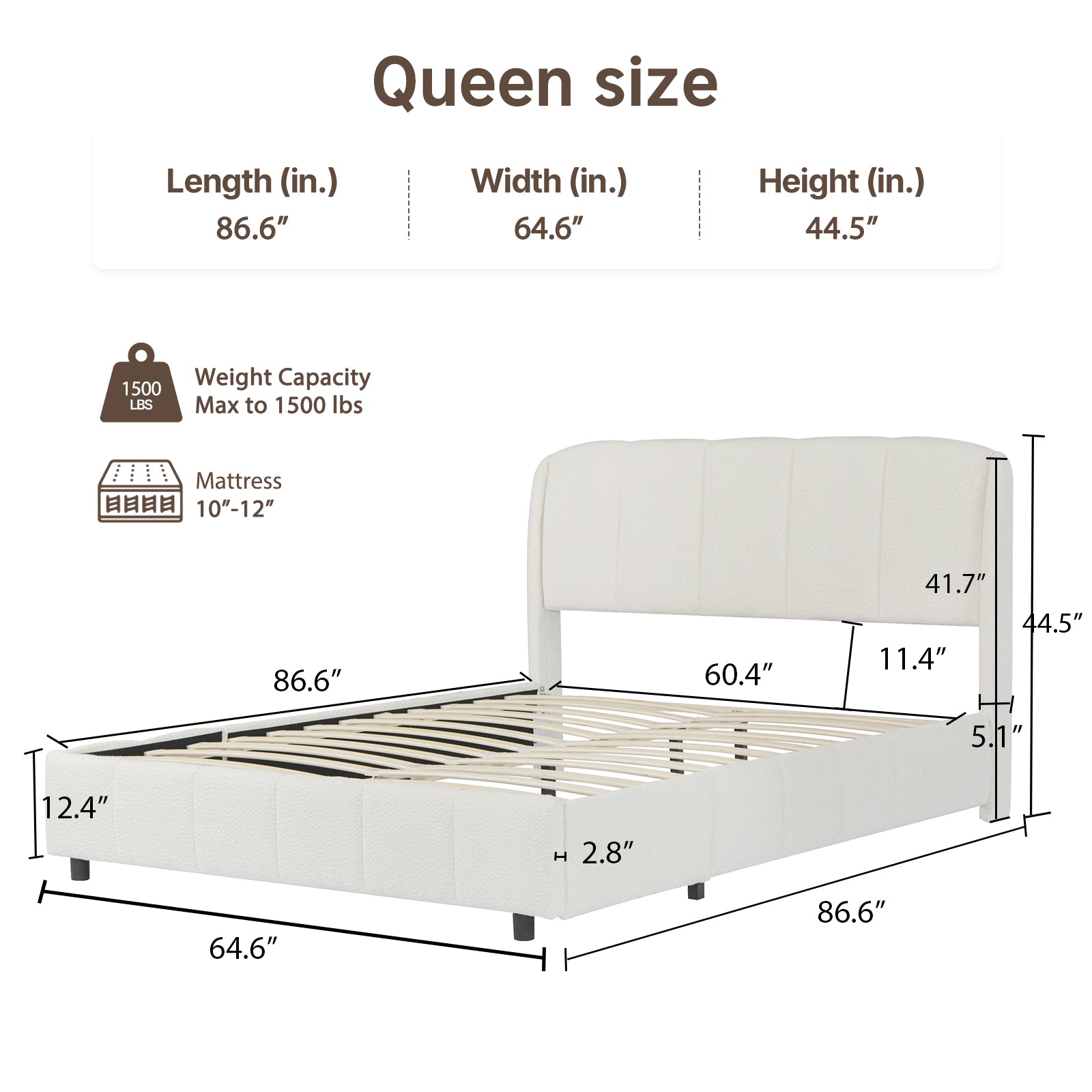 Cloud-Feel Queen Upholstered Platform Bed, Soft Boucle Fabric, Marshmallow Comfort, Headboard & Footboard, Wood Slat Support, Noise-Free, No Box Spring Required, Beige