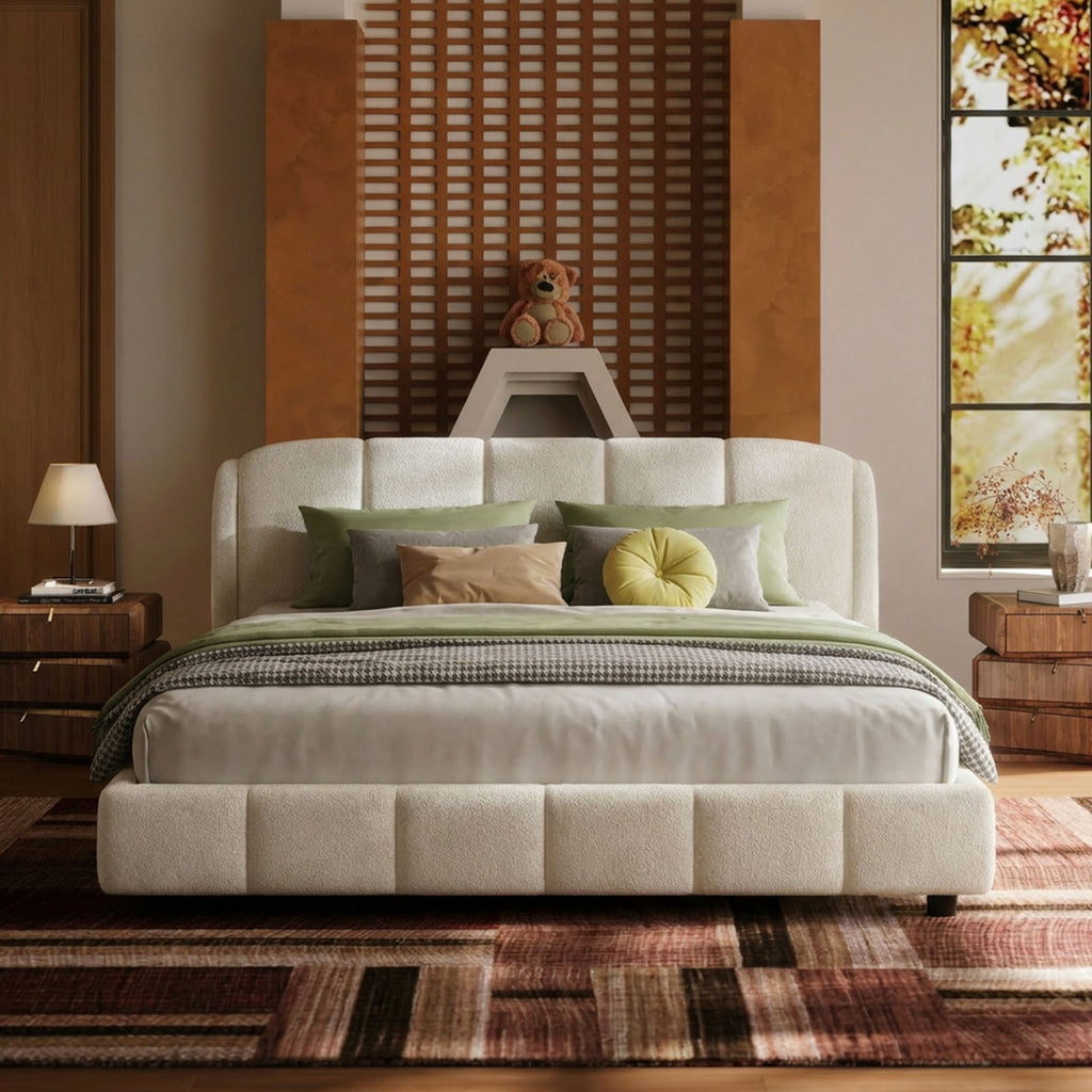 Cloud-Feel Queen Upholstered Platform Bed, Soft Boucle Fabric, Marshmallow Comfort, Headboard & Footboard, Wood Slat Support, Noise-Free, No Box Spring Required, Beige
