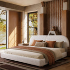 Cloud-Feel Queen Size Boucle Bed Frame, Upholstered Platform Bed with Curved Headboard & Solid Wood Frame, Luxurious & Easy Assembly