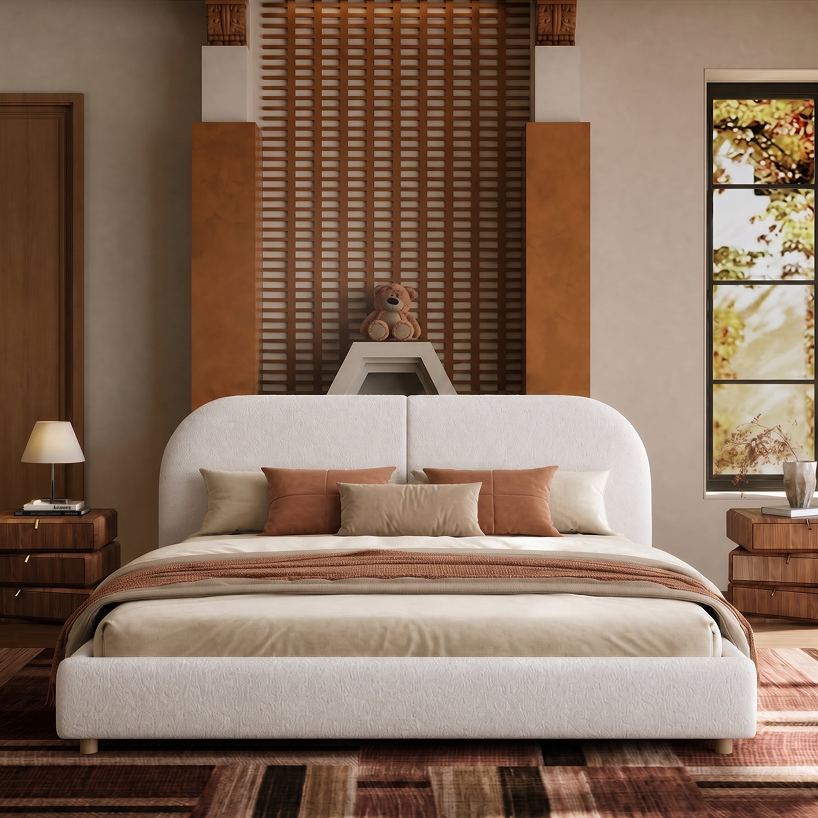 Cloud-Feel Queen Size Boucle Bed Frame, Upholstered Platform Bed with Curved Headboard & Solid Wood Frame, Luxurious & Easy Assembly