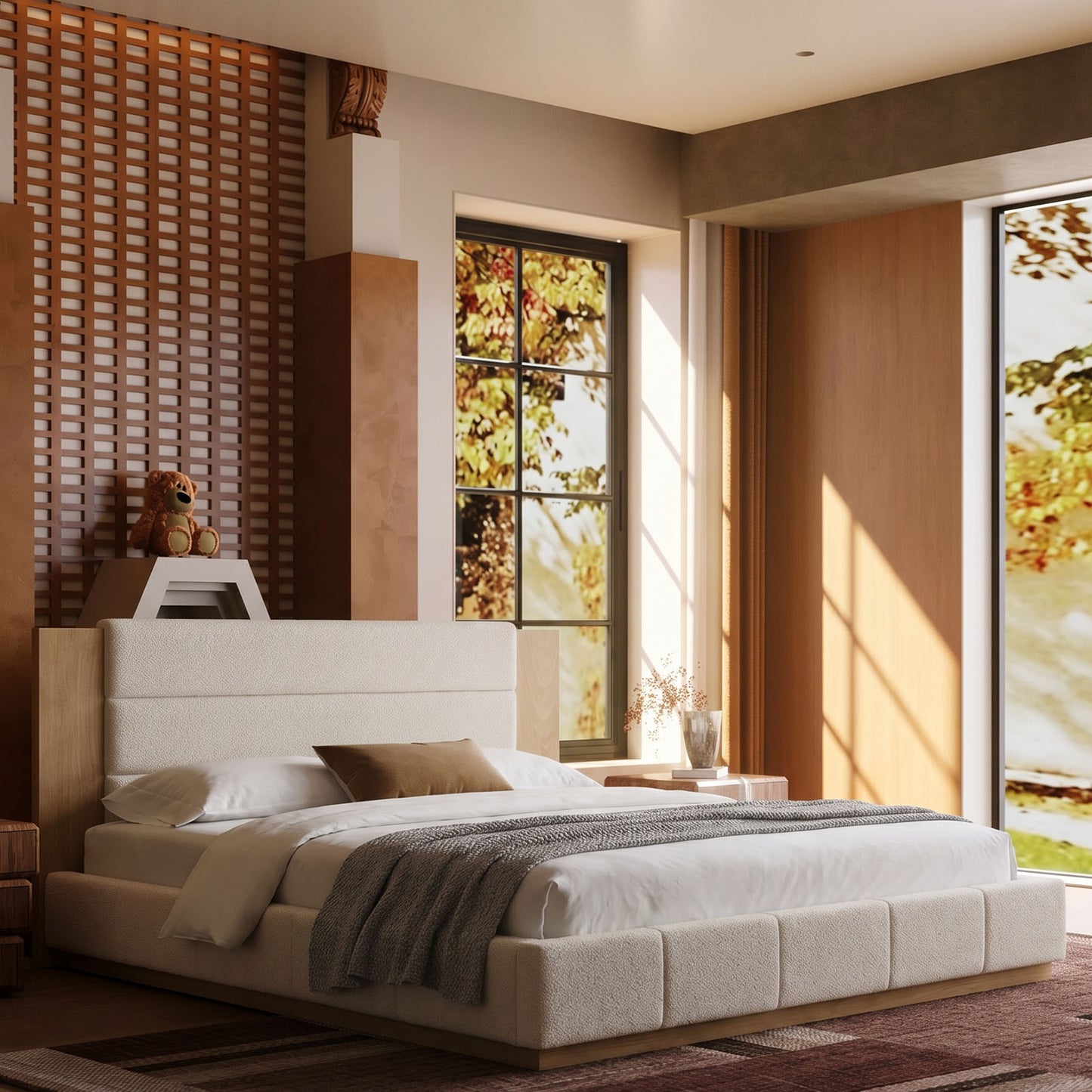 Queen Warm Modern Wood Accent Cloud Panel Bed Frame