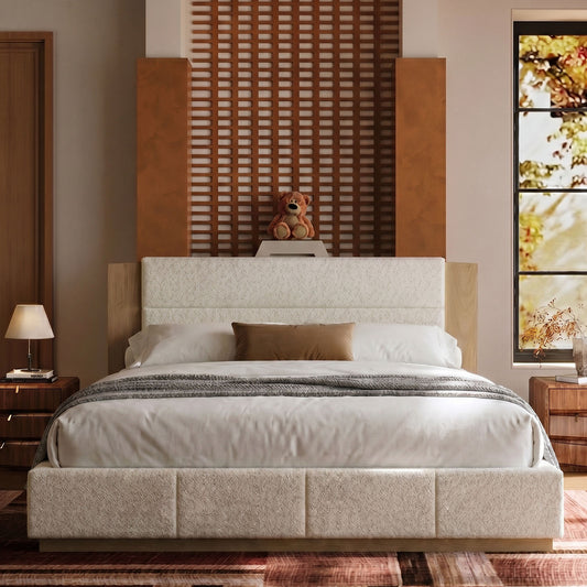 Queen Warm Modern Wood Accent Cloud Panel Bed Frame