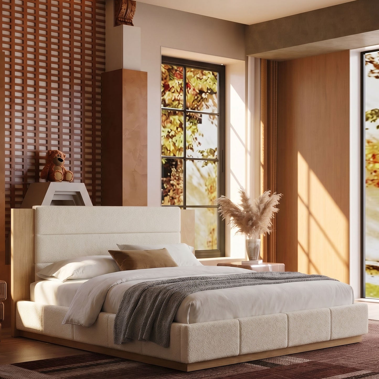 Queen Warm Modern Wood Accent Cloud Panel Bed Frame