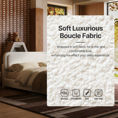 Queen Size Boucle Cloud-Feel Bed Frame with Adjustable Height Headboard