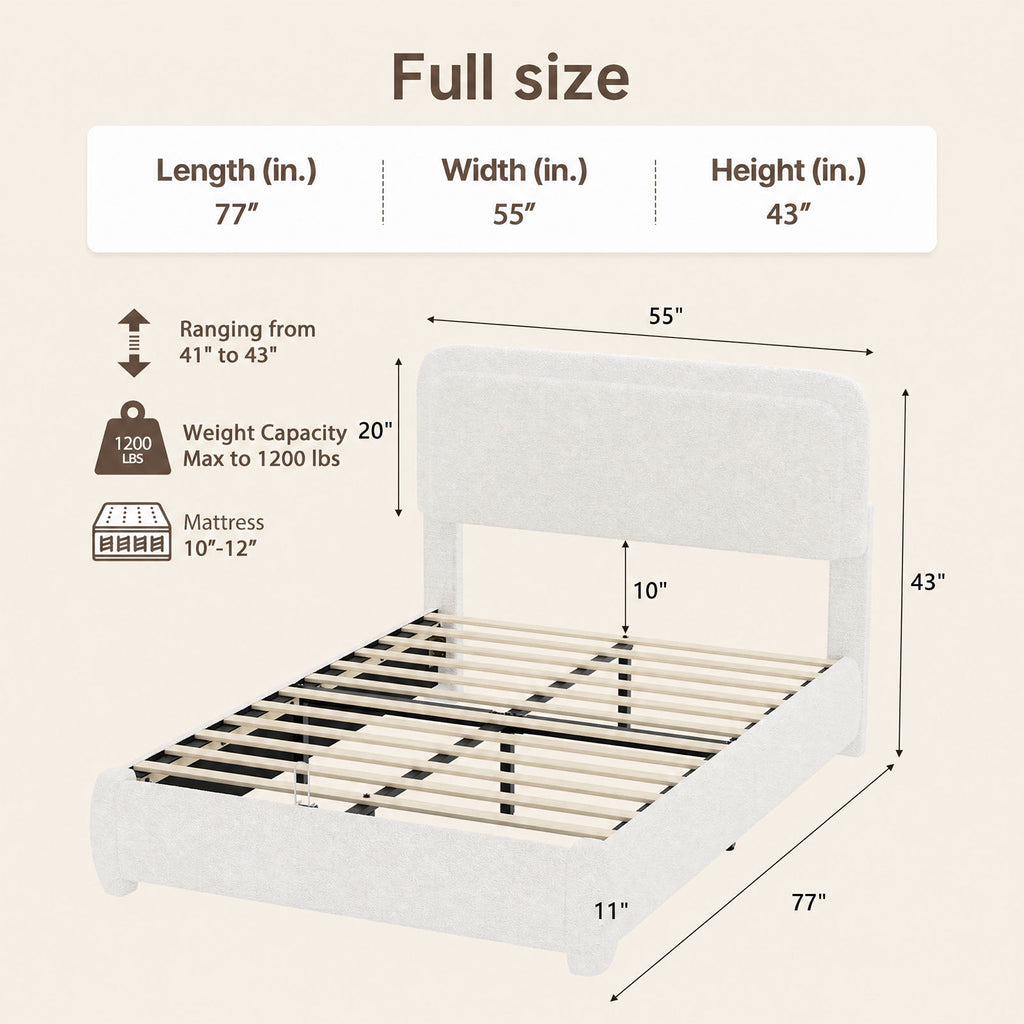 Queen Bed Frame with Adjustable Height Headboard,Upholstered Cloud-Feel Bed, Anti-Collision Soft Rounded Corners, Boucle Platform Bed for Modern Bedrooms, Apartments