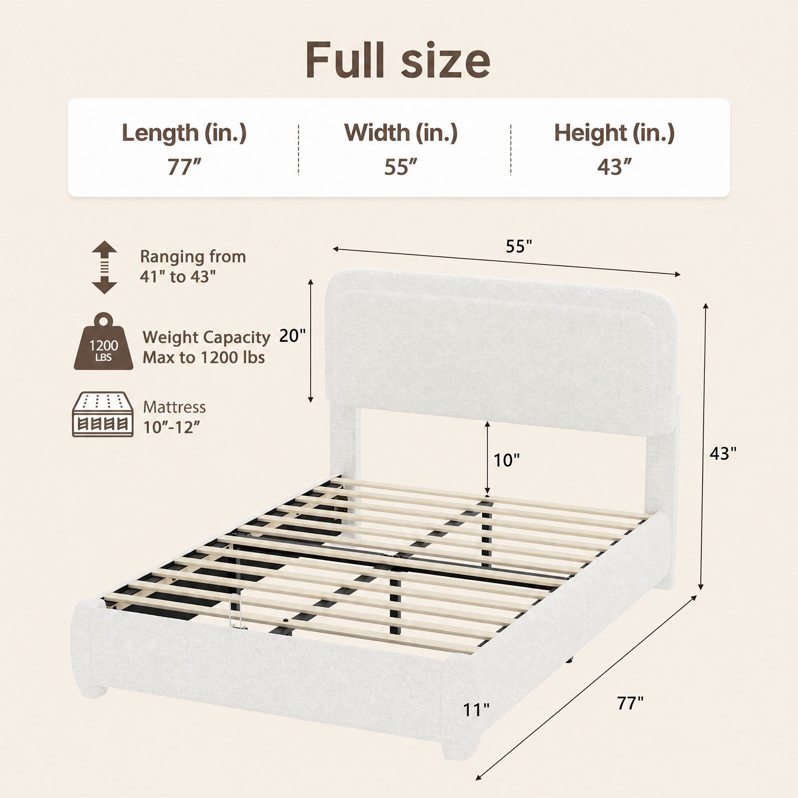 Queen Bed Frame with Adjustable Height Headboard,Upholstered Cloud-Feel Bed, Anti-Collision Soft Rounded Corners, Boucle Platform Bed for Modern Bedrooms, Apartments