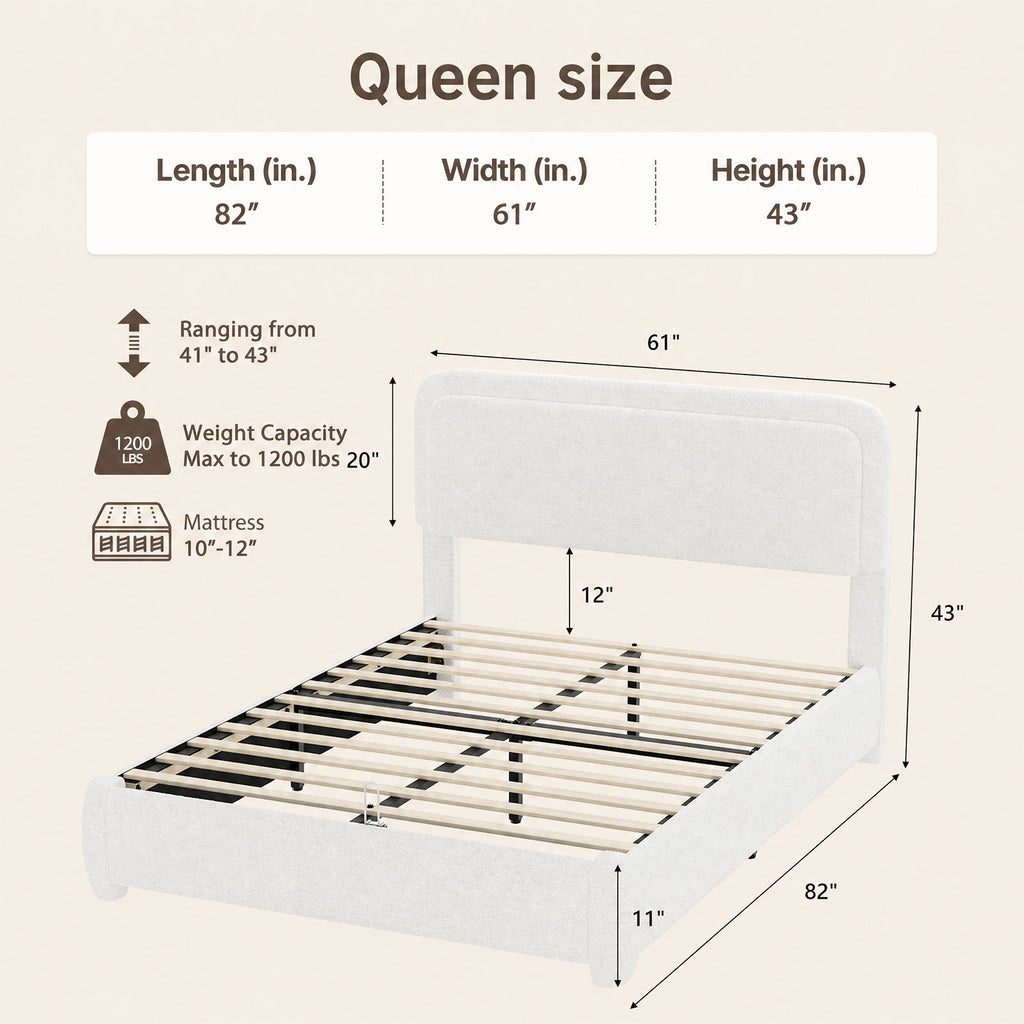 Queen Bed Frame with Adjustable Height Headboard,Upholstered Cloud-Feel Bed, Anti-Collision Soft Rounded Corners, Boucle Platform Bed for Modern Bedrooms, Apartments