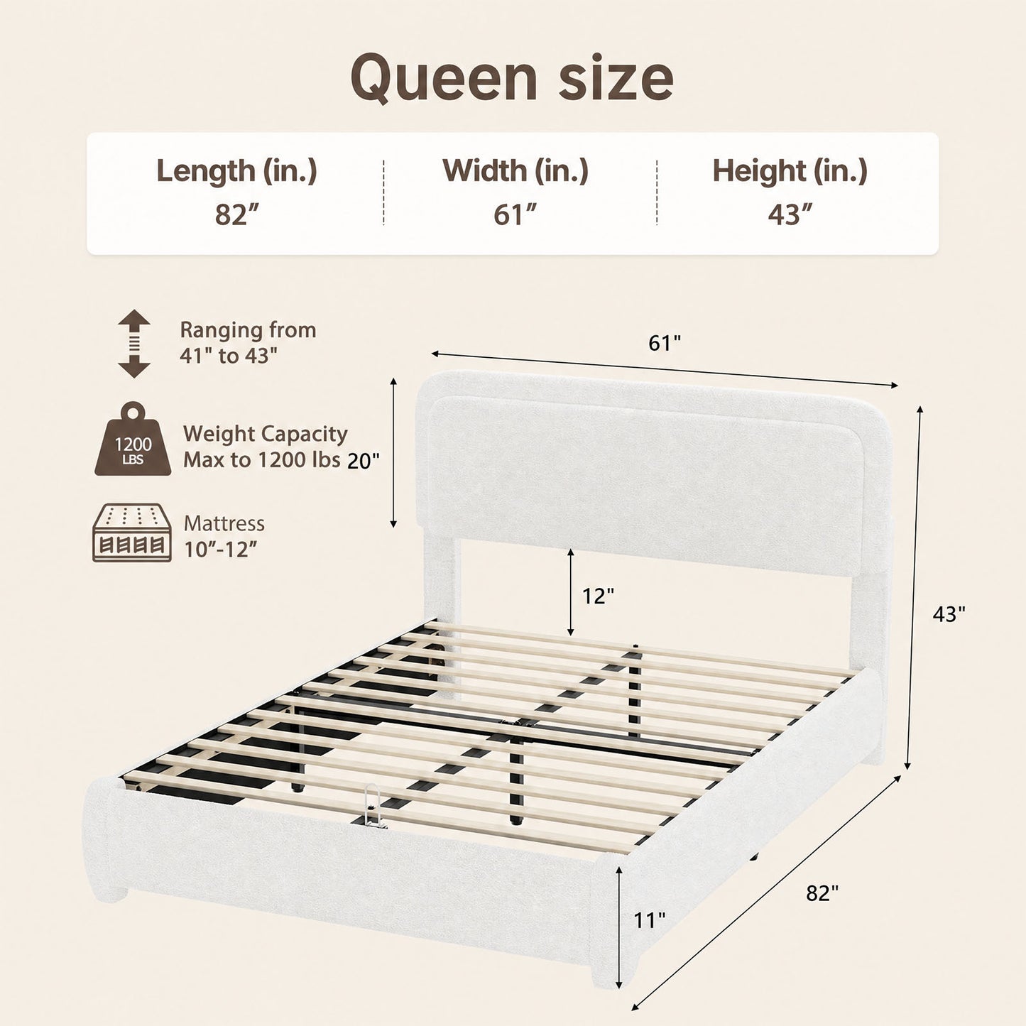 Queen Size Boucle Cloud-Feel Bed Frame with Adjustable Height Headboard