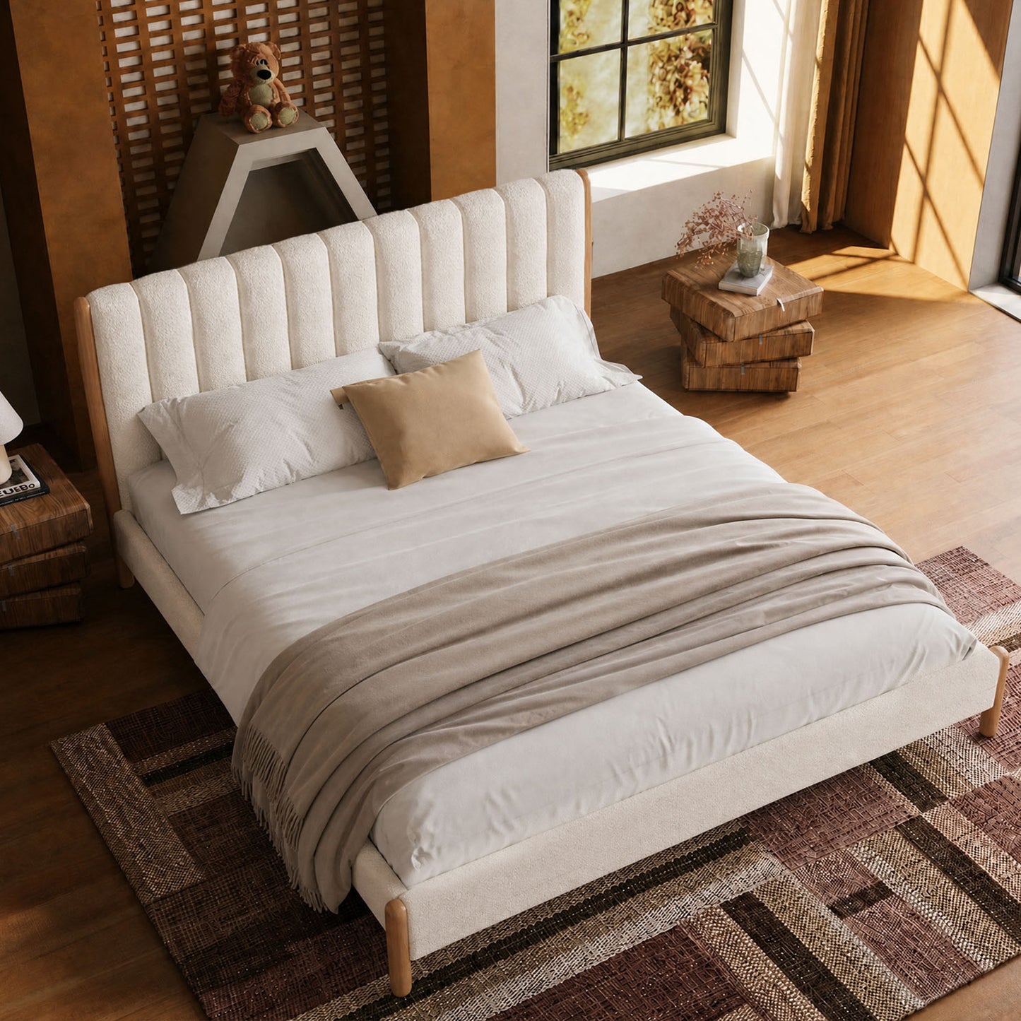 Japandi Vertical Channel Cloud Boucle Queen Bed Frame