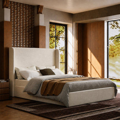 Medieval Minimal Tall Wing Cloud Boucle Queen Bed Frame